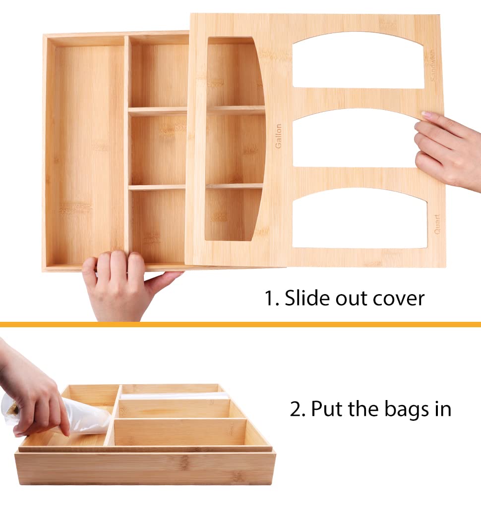 Ziplock Bag Organizer For Kitchen Plastic Bag Storage, Premium Bamboo Organizer, Food Storage Bag Holders For Gallon, Quart, San