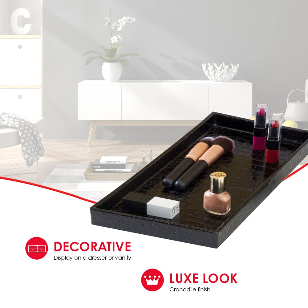 Perfume Tray For Vanity, (Black), By Home Basics | Faux Crocodile Vanity For Dresser Tops | Organizer Tray Great For Serving