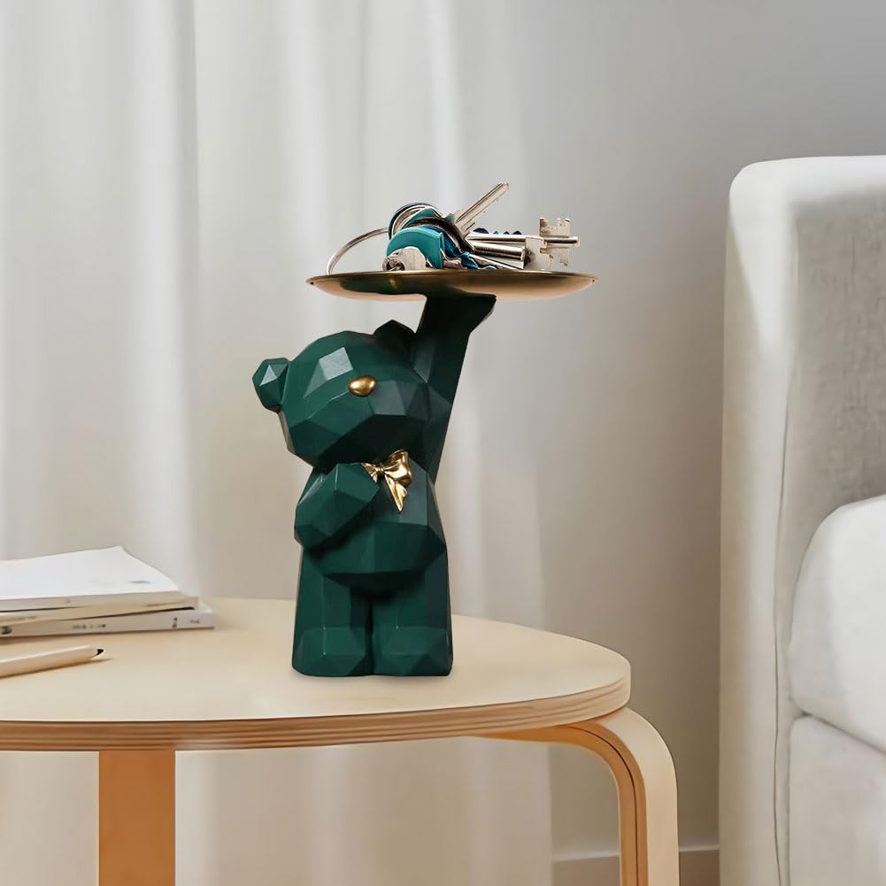 ALINUOYQ Lovely Bear Statue Key Bowl for Entryway Table, Geometric Bear Candy Bowl Modern Art Nordic Bear Resin Statues, Cute Be