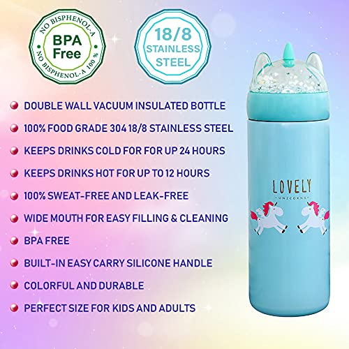Kinia 12 Oz Unicorn Glitter 18/8 Stainless Steel Double Wall Vacuum Insulated Kids Water Bottle - Leak Proof With Bpa Free Multi