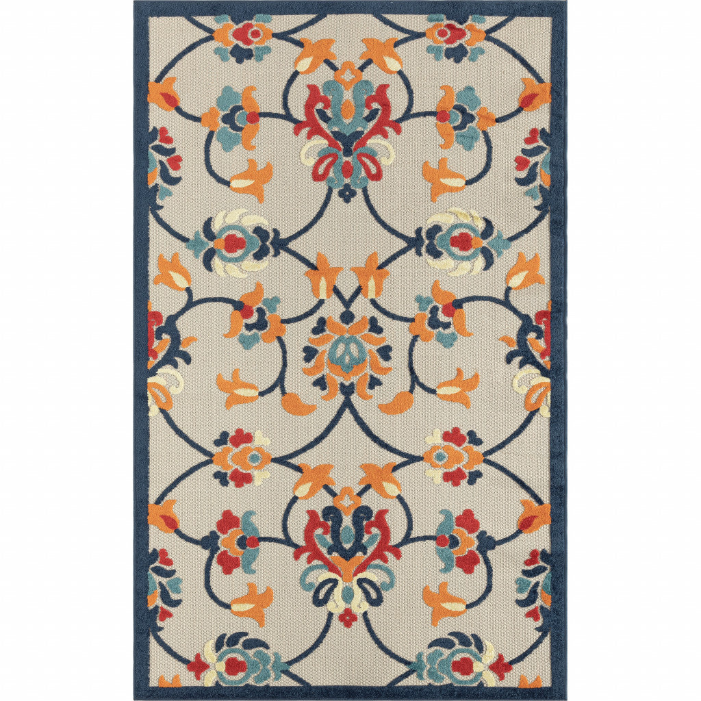 8 X 10 Blue And Orange Floral Non Skid Indoor Outdoor Area Rug