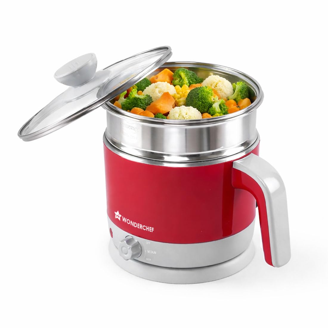Wonderchef Crimson Edge Multi-Cook Kettle-Red 1.2 Litre Electric Kettle, 1000W, Red With Egg Boiler Attachment | 2 In 1 | Breakf