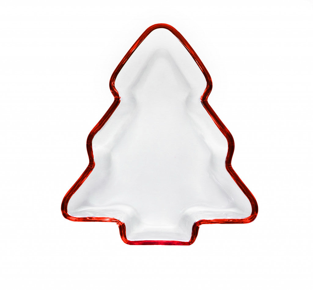 8 Clear And Red Christmas Tree Crystal Serving Tray