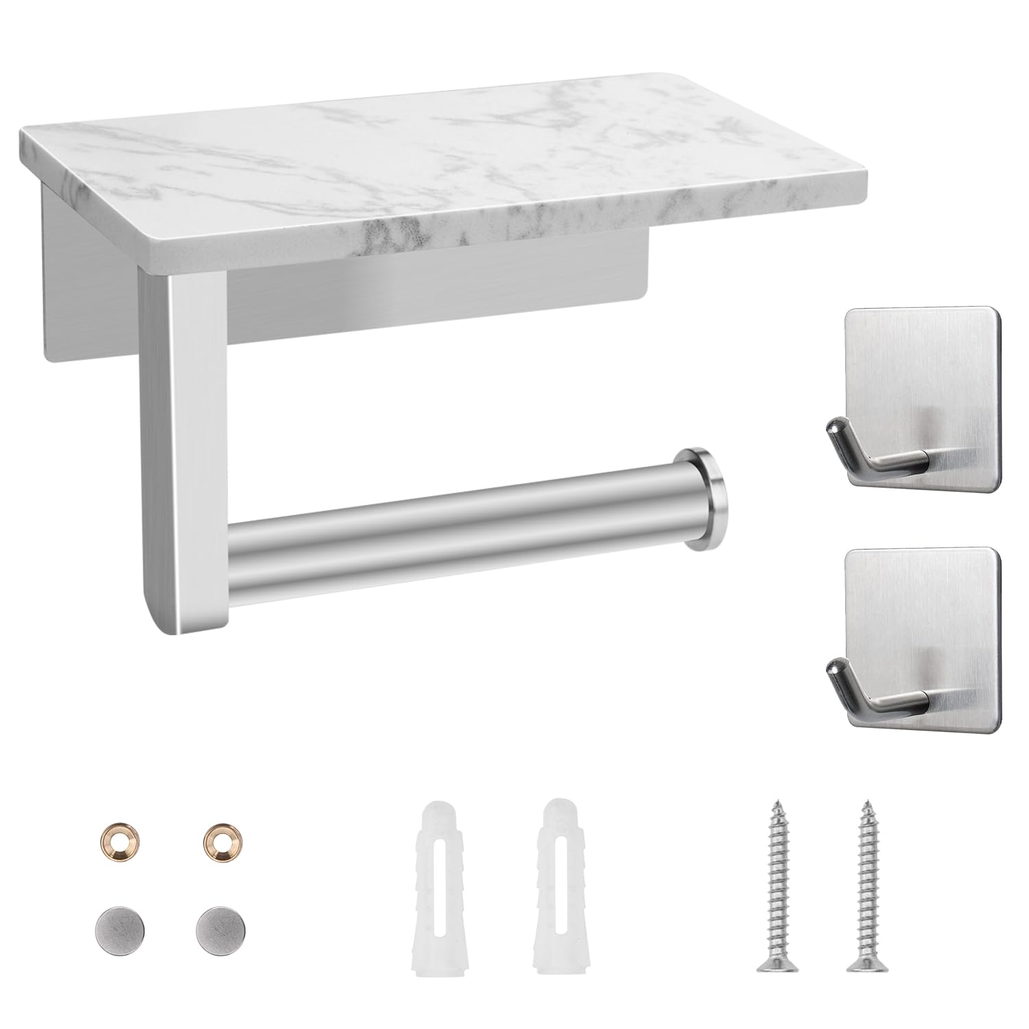 Hronta Toilet Paper Holder With Marble Shelf, Sus304 Stainless Steel Wall Mounted Toilet Paper Holder And 2 Pcs Free Adhesive Ho