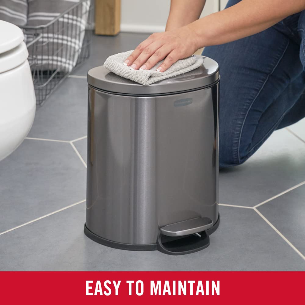 Rubbermaid Stainless Steel Semi-Round Step-On Trash Can, 1.6-Gallon, Charcoal, Small Wastebasket With Lid For Home/Kitchen/Bathr