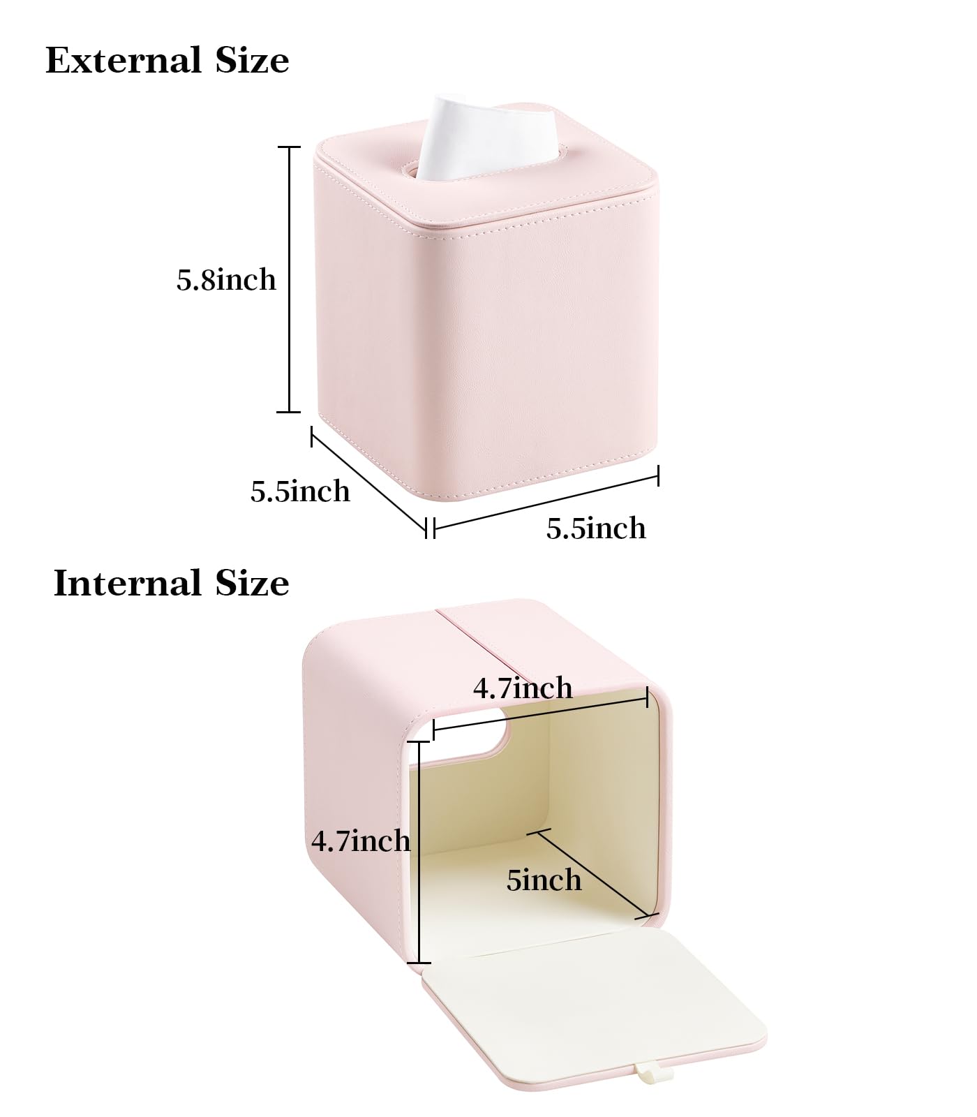 Meibooch Pu Leather Tissue Box Cover With Magnetic Closure, Square Tissue Box Holder With Rounded Edges Design (Pink, Square)