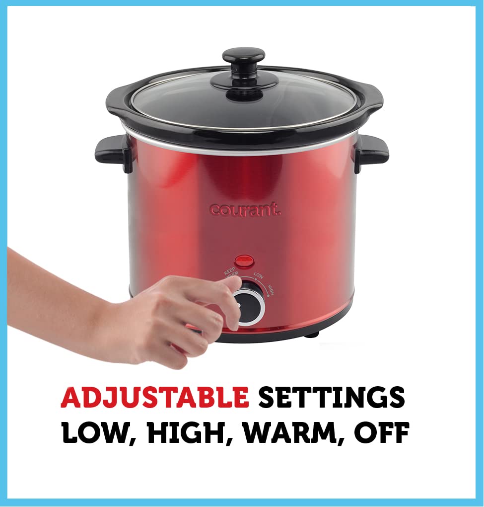 Courant 3.2 Quart Slow Cooker - Red, Removable Ceramic Insert & Glass Lid With Three Temperature Settings