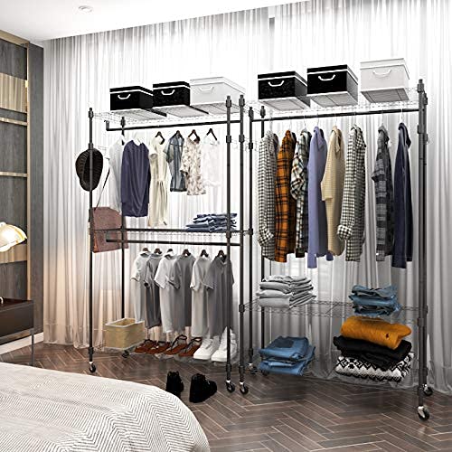 Rolling Garment Rack with Adjustable Wire Shelf  3 Tired Clothes Rack including 1 Clothes Hanging Bar  1 Roating Hanger Hooks - Hold Up to 400Lbs (Black  1Rod 1Hook)