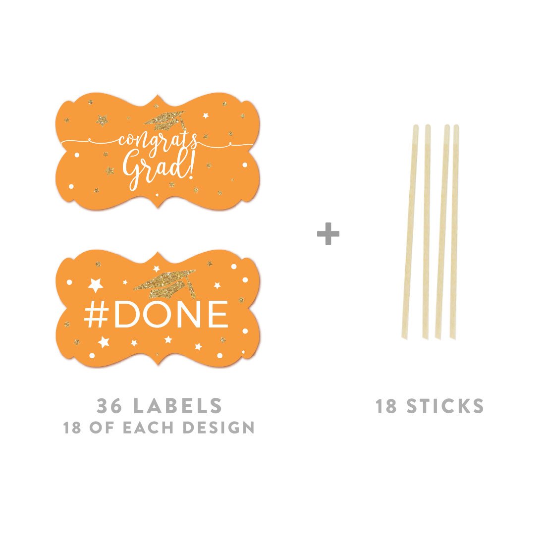 Andaz Press Orange And Gold Glittering Graduation Party Collection, Cupcake Topper Diy Party Favors Kit, Fancy Frame Shape, 18-P