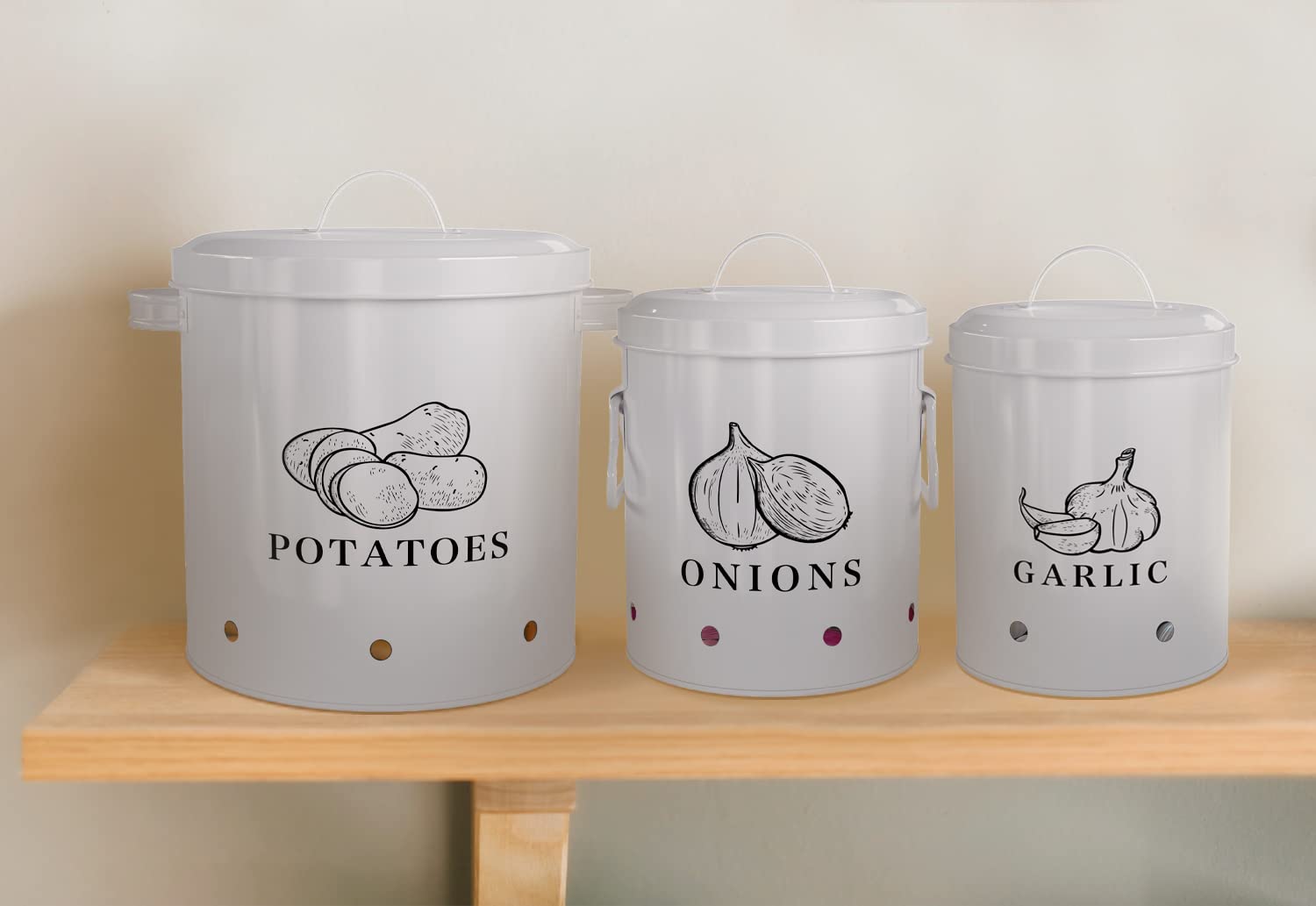 Kook Potato, Onion & Garlic Kitchen Storage Canisters, Rustic Farmhouse Containers With Aerating Holes, Vintage Vegetable Tins,