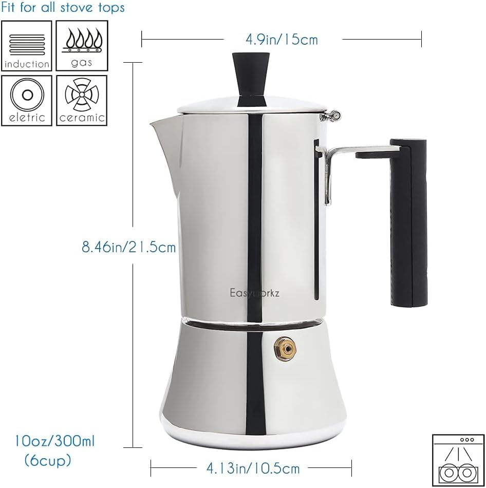 Easyworkz Pedro Stovetop Espresso Maker 6Cup 300Ml Stainless Steel Italian Coffee Machine Maker Moka Pot Induction Espresso Pot