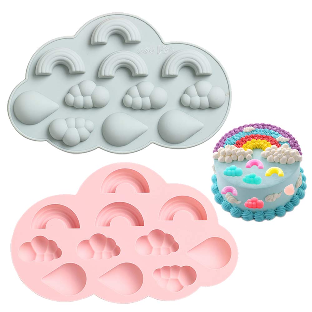 3D Rainbow Cloud Raindrop Silicone Mold 2 Pack Cake Border Fondant Molds Cake Decorating Tools Chocolate, Candy,Gumpaste Moulds