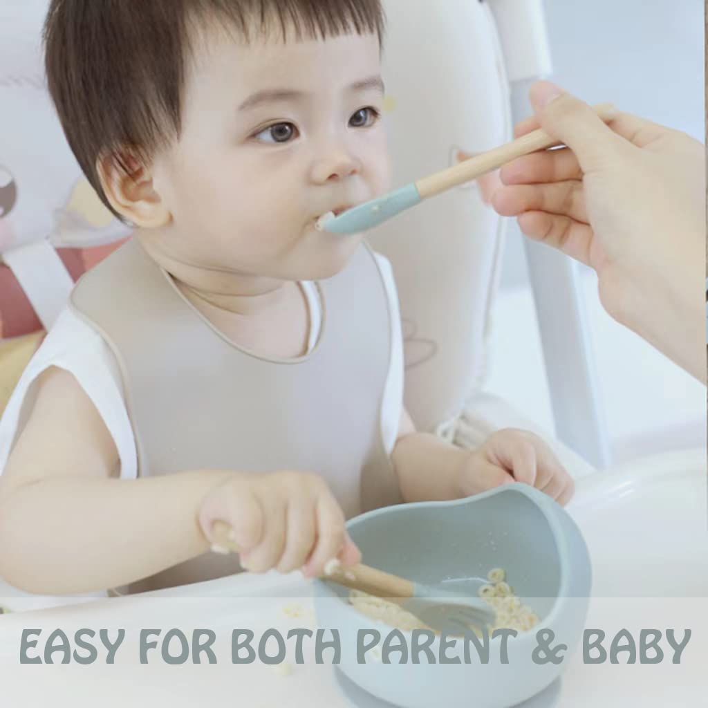 ginbear Silicone Baby Spoon and Fork Self-feeding, Baby Flatware Sets for Boy, Toddler Feeding Utensils for child 6 Months+ (gra