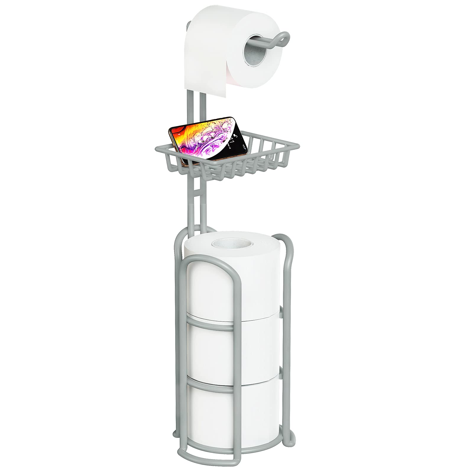 Upgrade Toilet Paper Holder Stand, Silver Gray Freestanding Toilet Paper Roll Holders With Shelf, Bathroom Tissue Storage Rack
