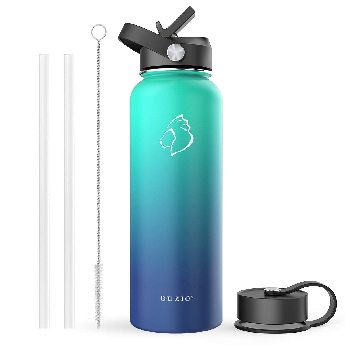 Buzio Double Wall Stainless Steel Sports Wide Mouth Water Bottle, Bpa-Free Flex Cap And Straw Lid, 40 Ounces & 32 Ounces Water B