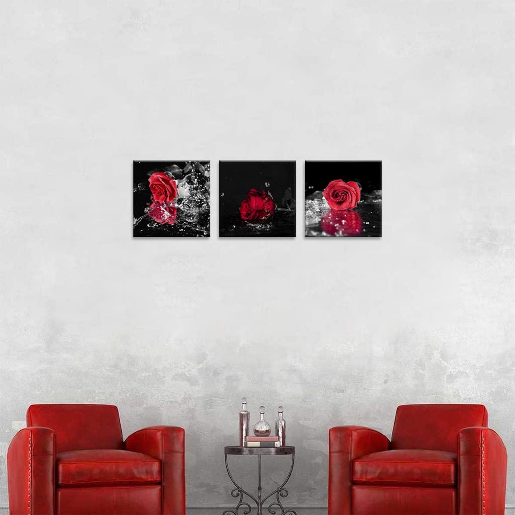 Nan Wind 3 Pcs Modern Canvas Painting Black And White Red Rose Canvas Art Rose And Water Drops Wall Art Flower Picture On Canvas