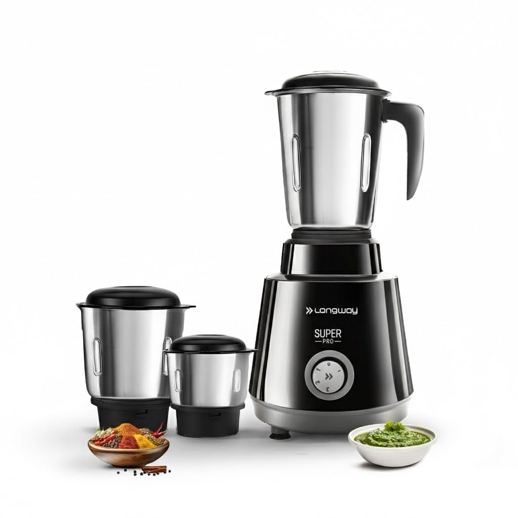 Longway Super Pro Mixer Grinder | Up To 700 Watt Powerful Motor | 3 Jars For Grinding, Mixing, Juicing (Black & Gray, 3 Jars)