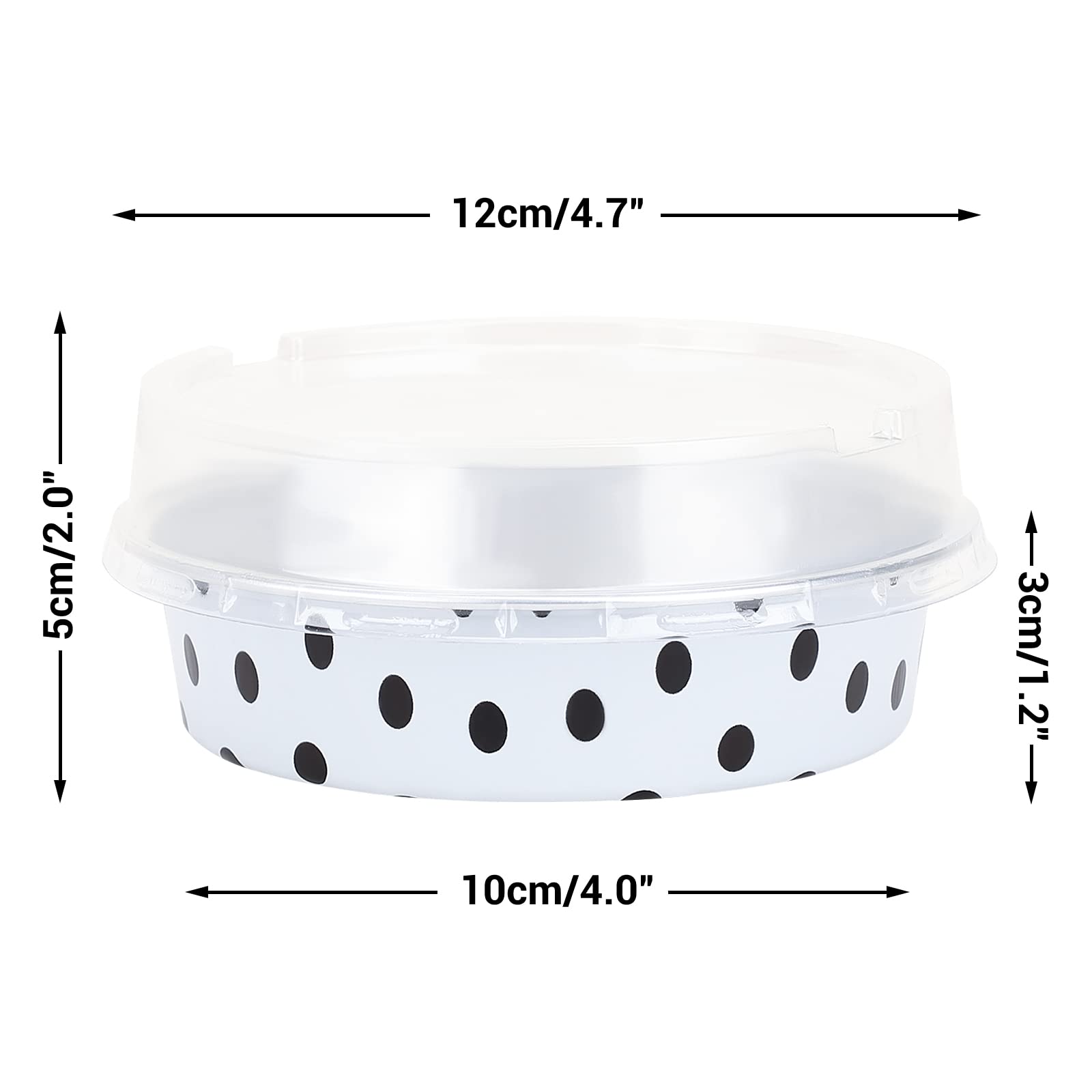 Beasea Mini Tart Pans with Lids 100 Pack  4? 8oz Disposable Aluminum Baking Foil Tins Round Small White Black Dot Container for Individual Cupcake Dessert Muffin Ramekin Cheesecake Quiche Oven Dishes
