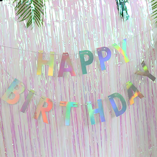 Pre-Strung Holographic Happy Birthday Banner - No Diy - Iridescent White Hanging Bunting Garland Party Decorations
