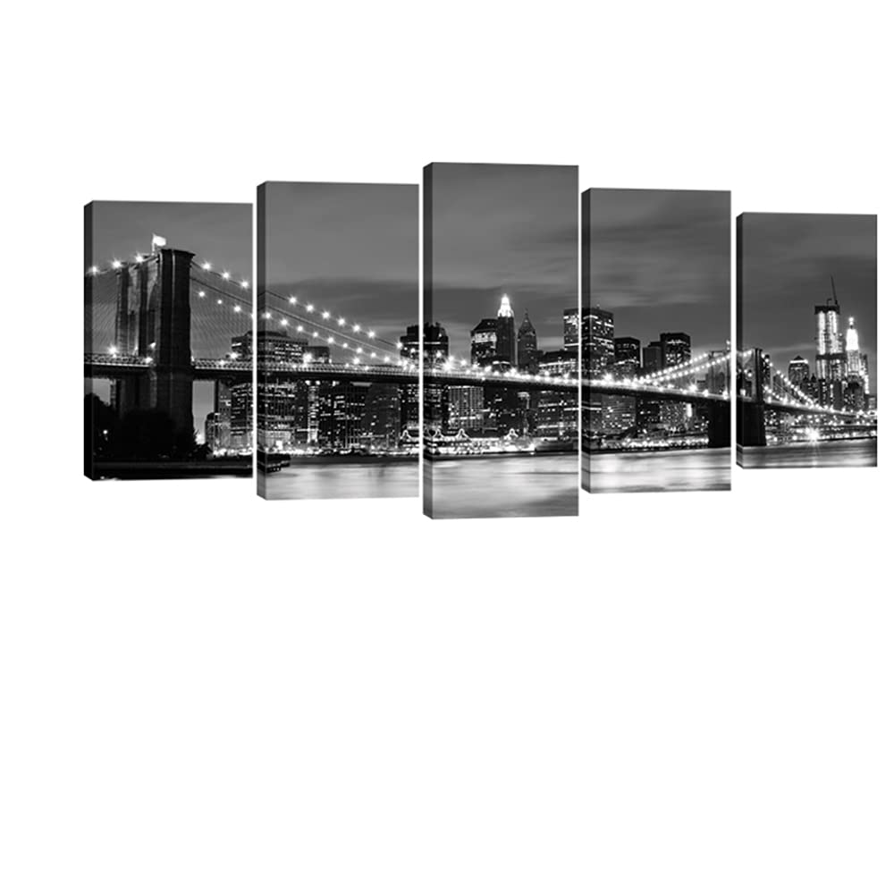 Wieco Art Large Brooklyn Bridge Night View Modern Giclee Canvas Prints Artwork Landscape Pictures To Photo Paintings On Stretche