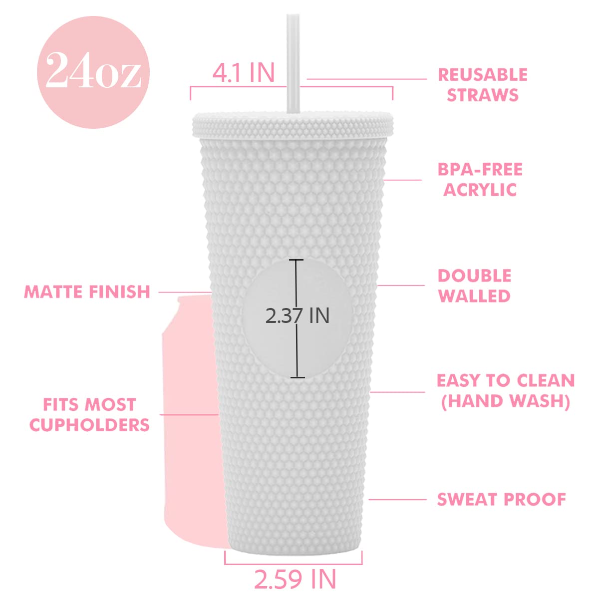 Essasea 24Oz Diy Studded Tumbler.Matte White Studded Tumbler With Lid And Straw.Reusable Double Walled Insulated Travel Tumbler.