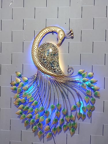 Himmart Hand Crafted Metal Led Peacock Hanging Wall Decor For Living Room Bedroom-56L X 36W Cm