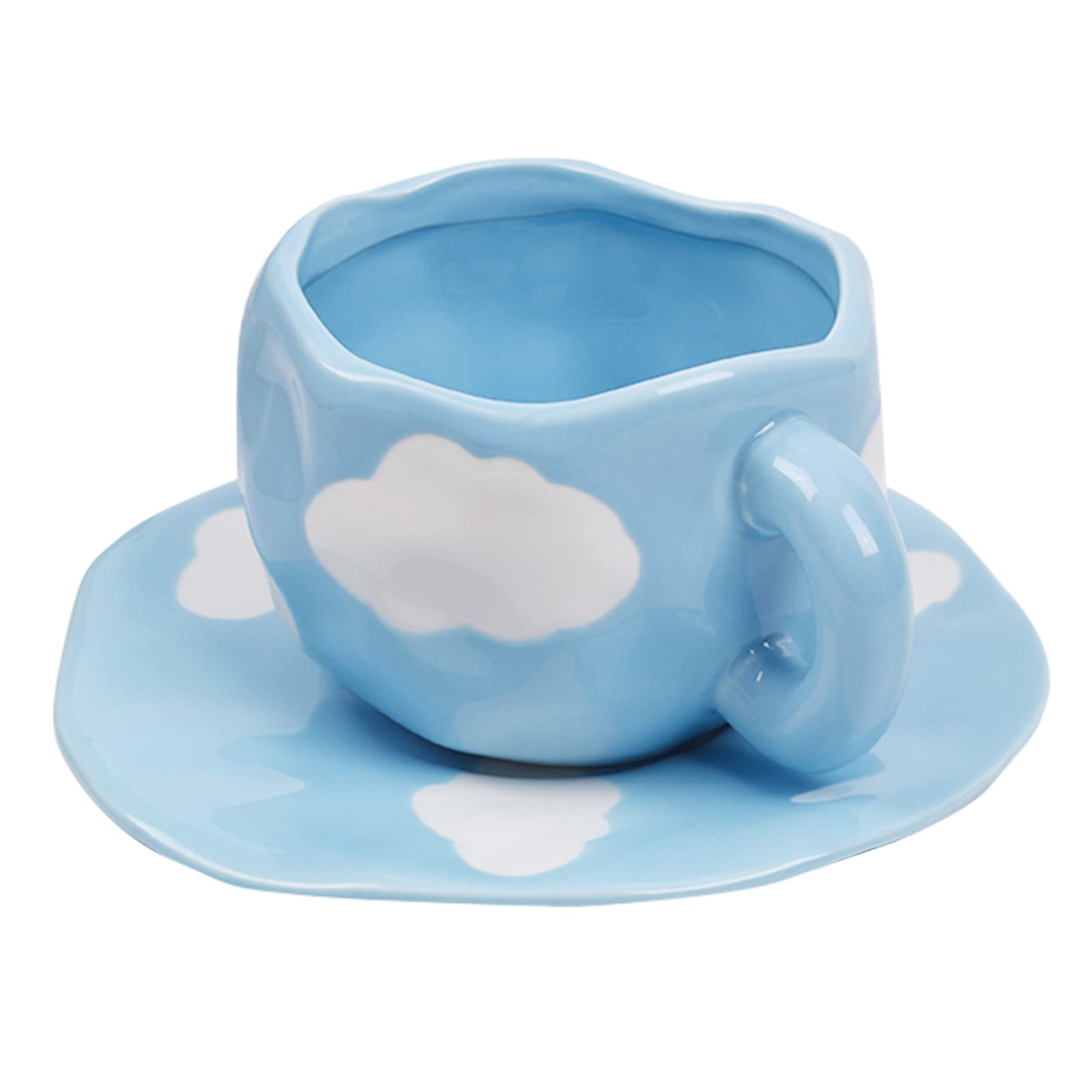 Koythin 10oz Cloud Ceramic Mug With Saucer, Light Blue Sky White Cloud