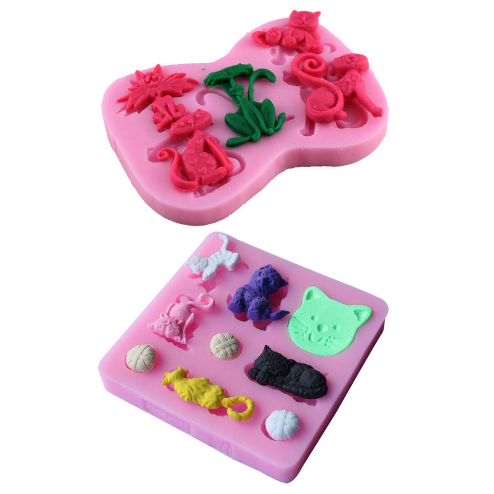 2Pcs/Set Little Cat Shape Silicone Fondant Mold Kitty Kitten Chocolate Candy Gumpaste Mould Cupcake Cake Decorating Tools Polyme