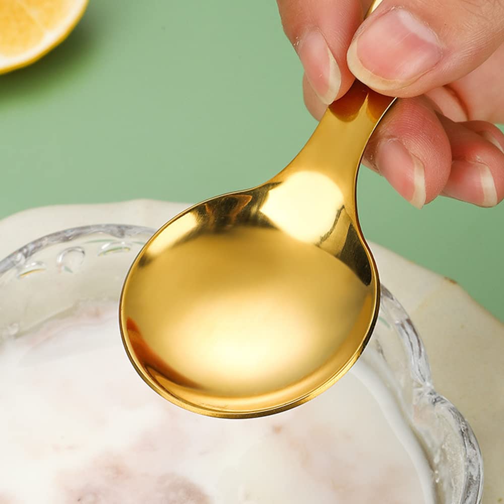 5Pcs Short Handle Spoon, Stainless Steel Mini Spoons Thickened Small Round Spoon For Salt Condiments Dessert Tea Coffee (Silver)