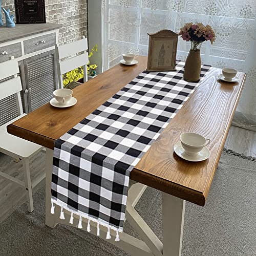 Duobao Black And White Checkered Table Runner 90 Inches Long Halloween Tablecloth Runners Buffalo Plaid Fabric With Tassels Ging