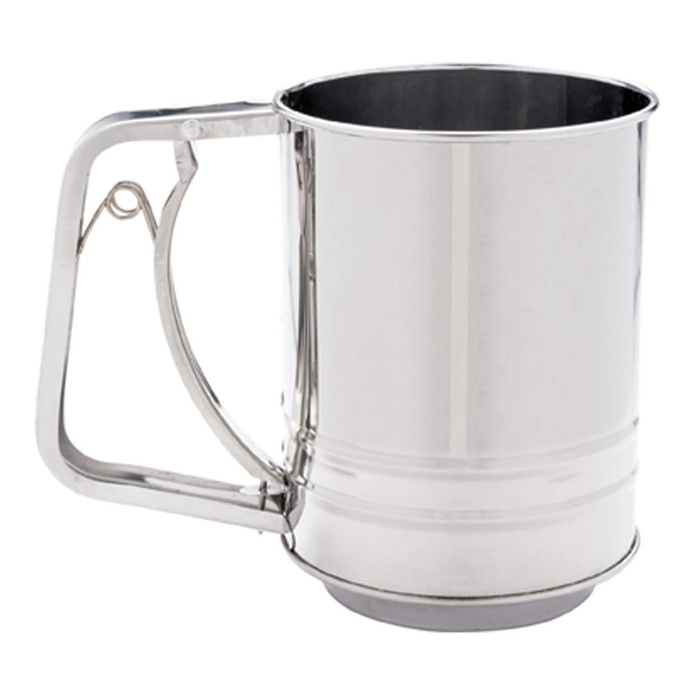 Restaurantware Pastry Tek 2.5 Cup Flour Sifter 1 Corrosion-Tolerant Baking Sifter - Squeeze Handle Triple Mesh Screen Stainless
