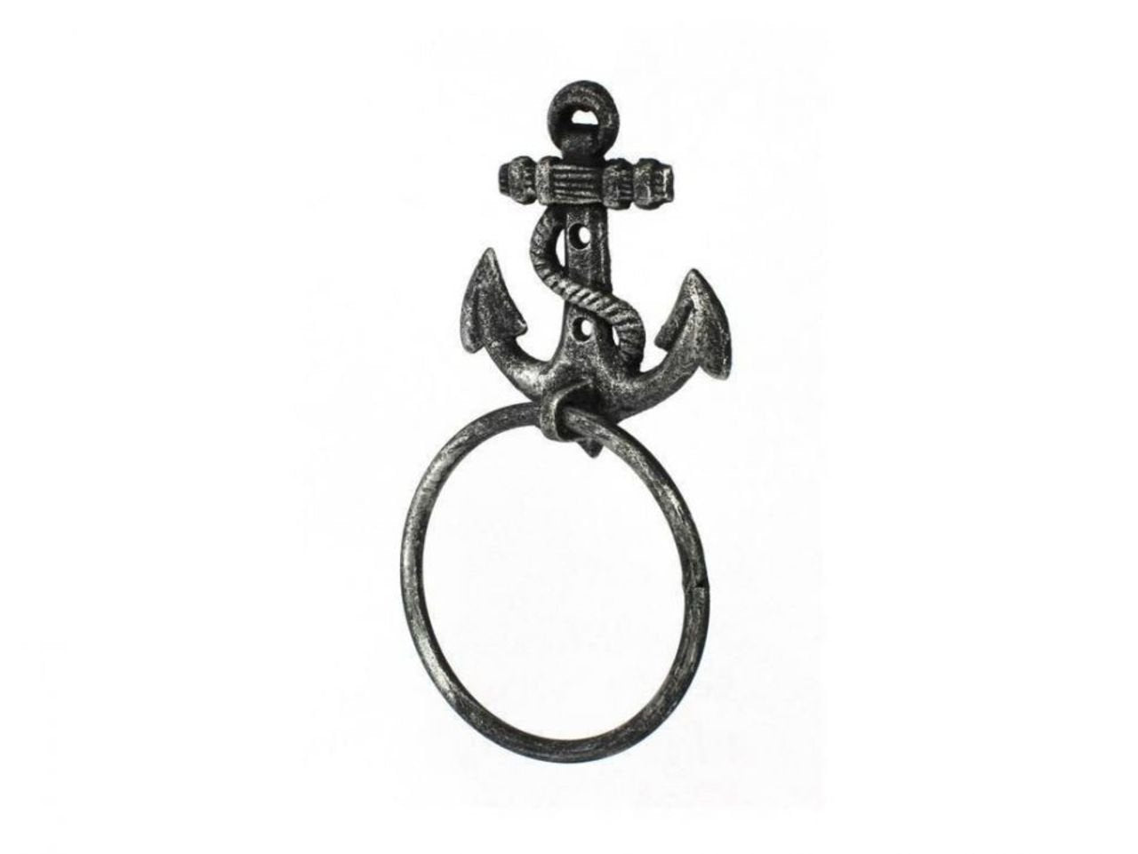 Hampton Nautical Cast Iron Anchor Towel Holder, 8.5'', Antique Silver