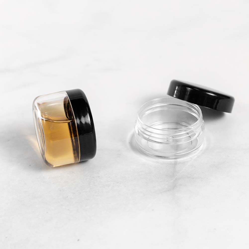 ZEJIA 10pcs Small Travel Containers, Black Plastic Sample Jars with Screw Lids, Labels & Spatulas, 3/5/10/15/20 Gram