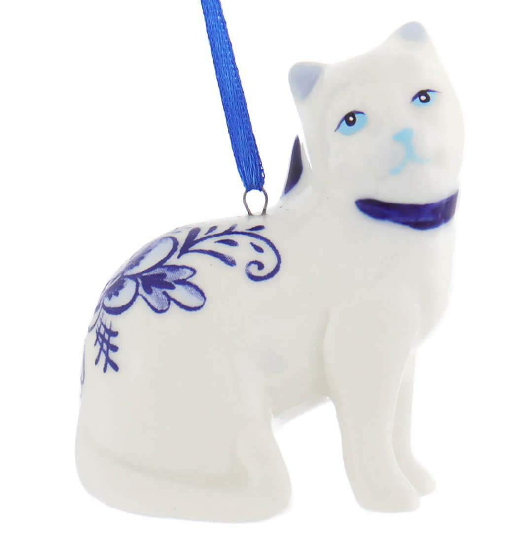 Porcelain Delft Blue Cat Ornament Set Of 2
