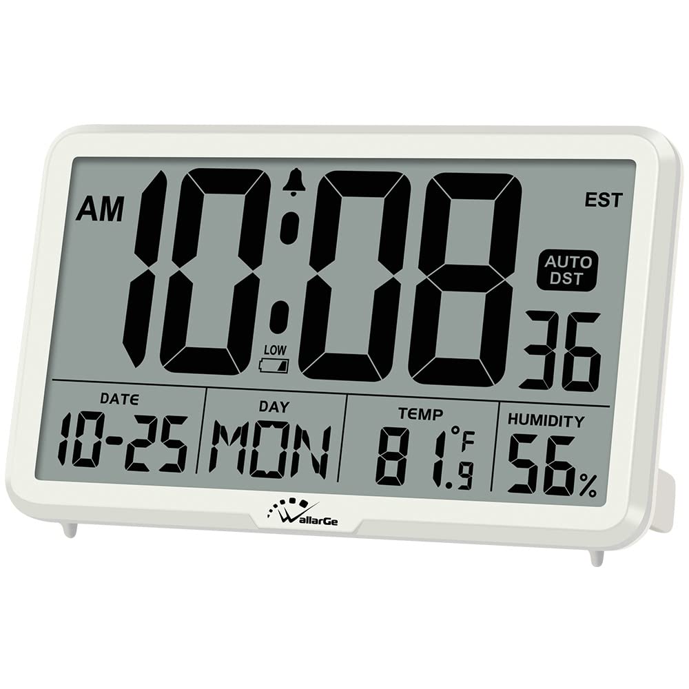 WallarGe Auto Set Digital Wall Clock Battery Operated, Desk Clocks with Temperature, Humidity and Date, Large Display Digital Ca