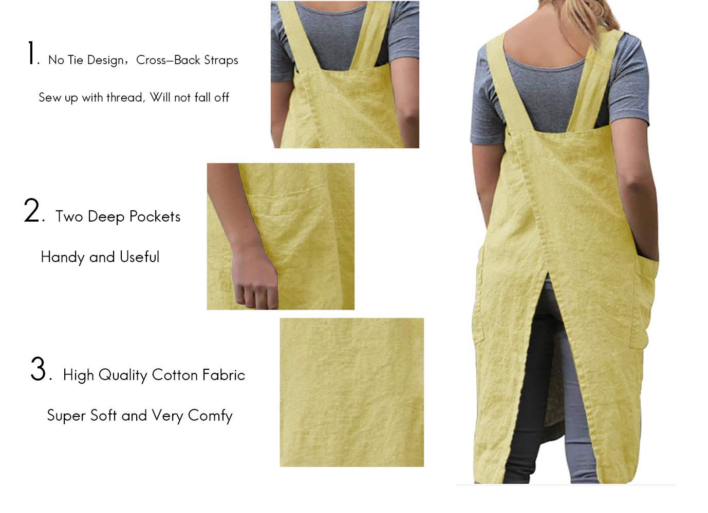 Women 'S Pinafore Square Apron Baking Cooking Gardening Works Cross Back Cotton/Linen Blend Dress With 2 Pockets Yellow-2Xl
