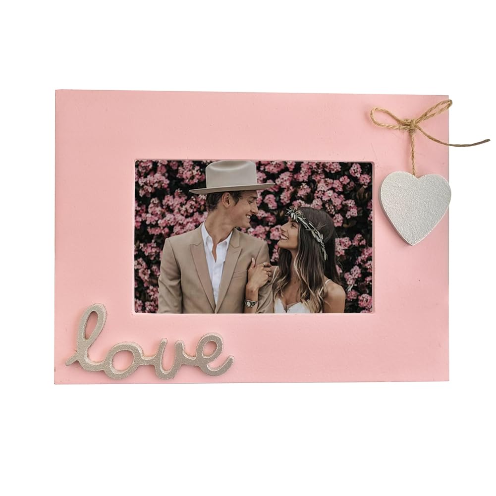 Simelecor 4x6 Pink Picture Frame Love Horizontal with Heart for Table Top and Wall Mounting-Pink and Silver Wooden Photo Frame H