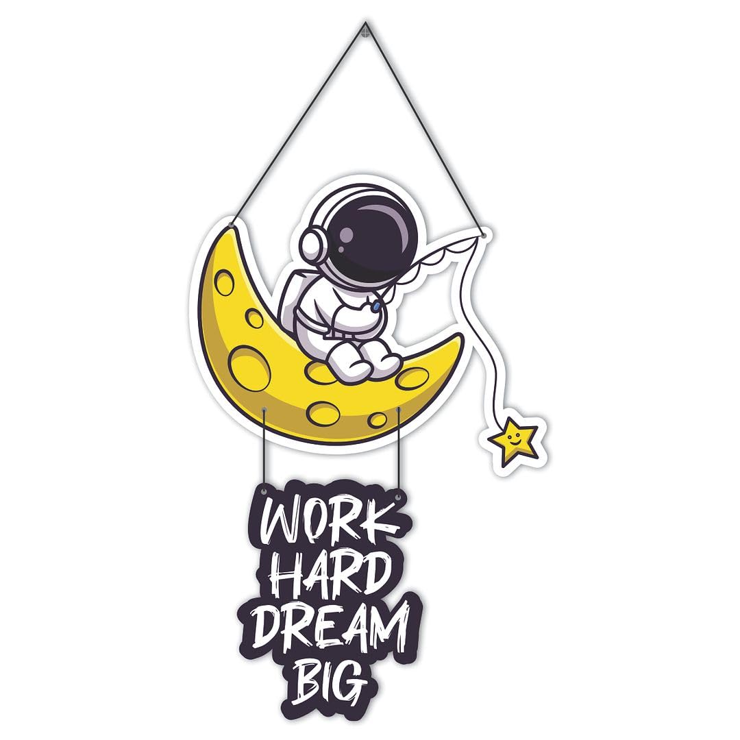 Cvanu Work Hard Dream Big & Little Astronaut Space Theme Wooden Wall Hanging Board For Wall Decoration (23Inchx11.8Inch)_S283