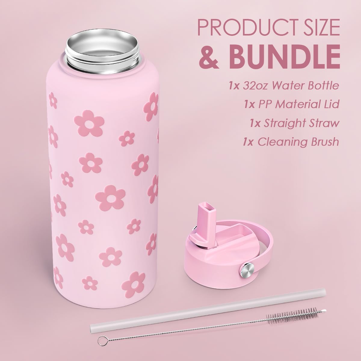 Floral Water Bottle Stainless Steel 32oz with Lid & Straw, Daisy Insulated Bottles Gifts for Women Girls Friends Teens Birthday