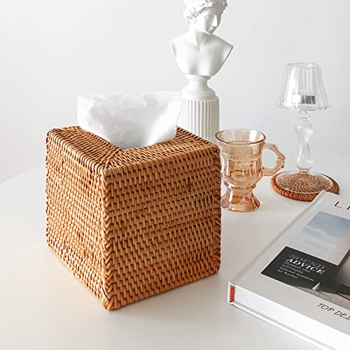 Rattan Tissue Box Cover Natural Woven Facial Napkin Holder Square (Natural, 5.5X5.5X5.9 Inch)