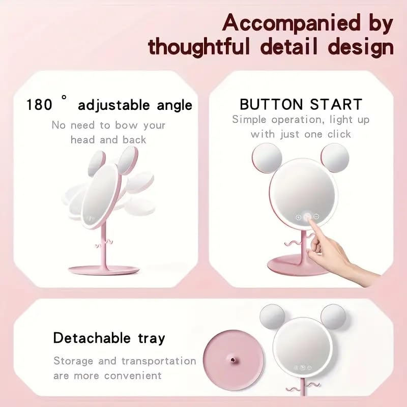 Lighted Vanity Mirror With Mouse Ears Design, Magnification, Pallet Storage, Jewelry Hook, For Dorm (Pink)