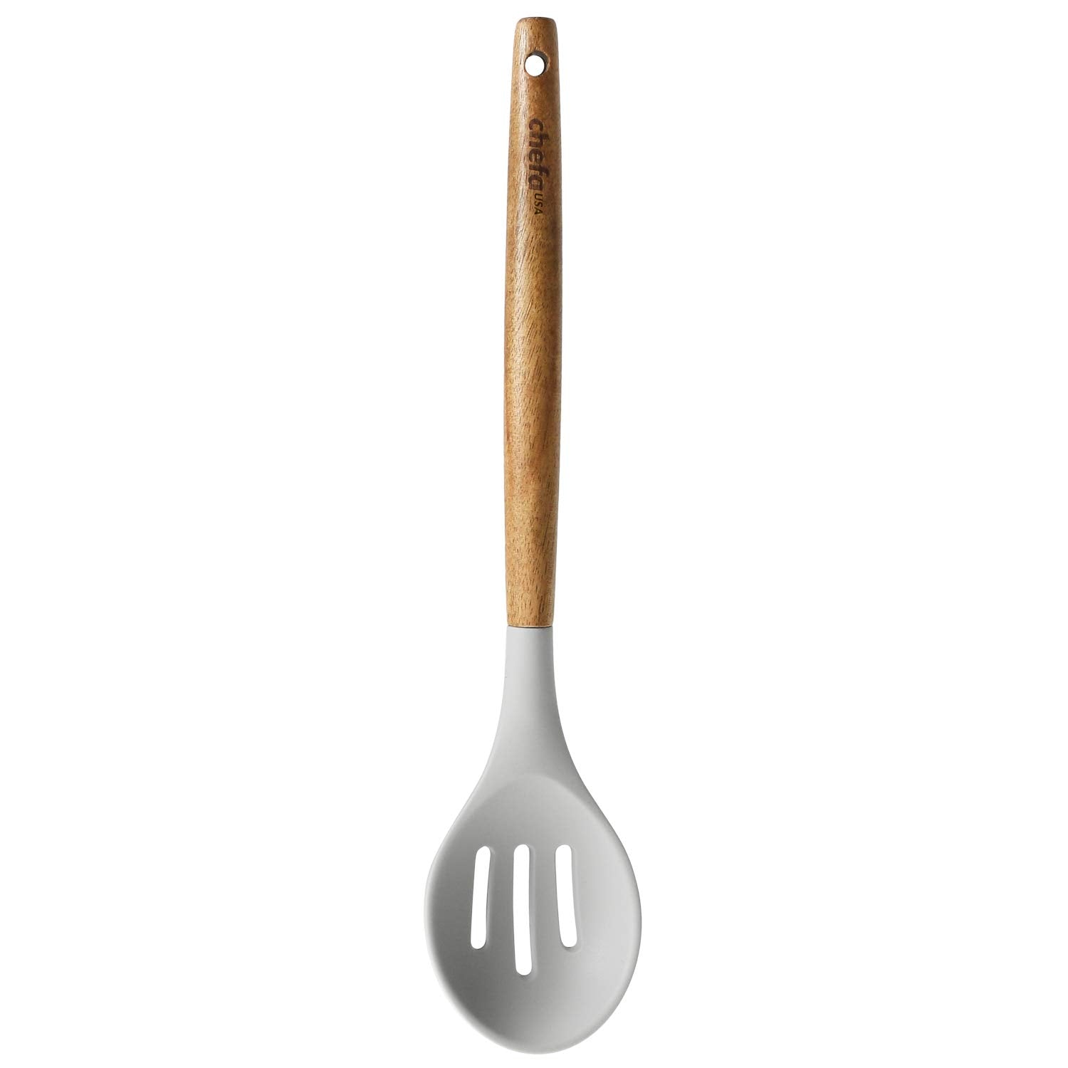 Chefa Usa Silicone Slotted Serving Spoon - With Wooden Handle, Non-Stick Cookware Heat Resistant Kitchen Utensil - Light Gray