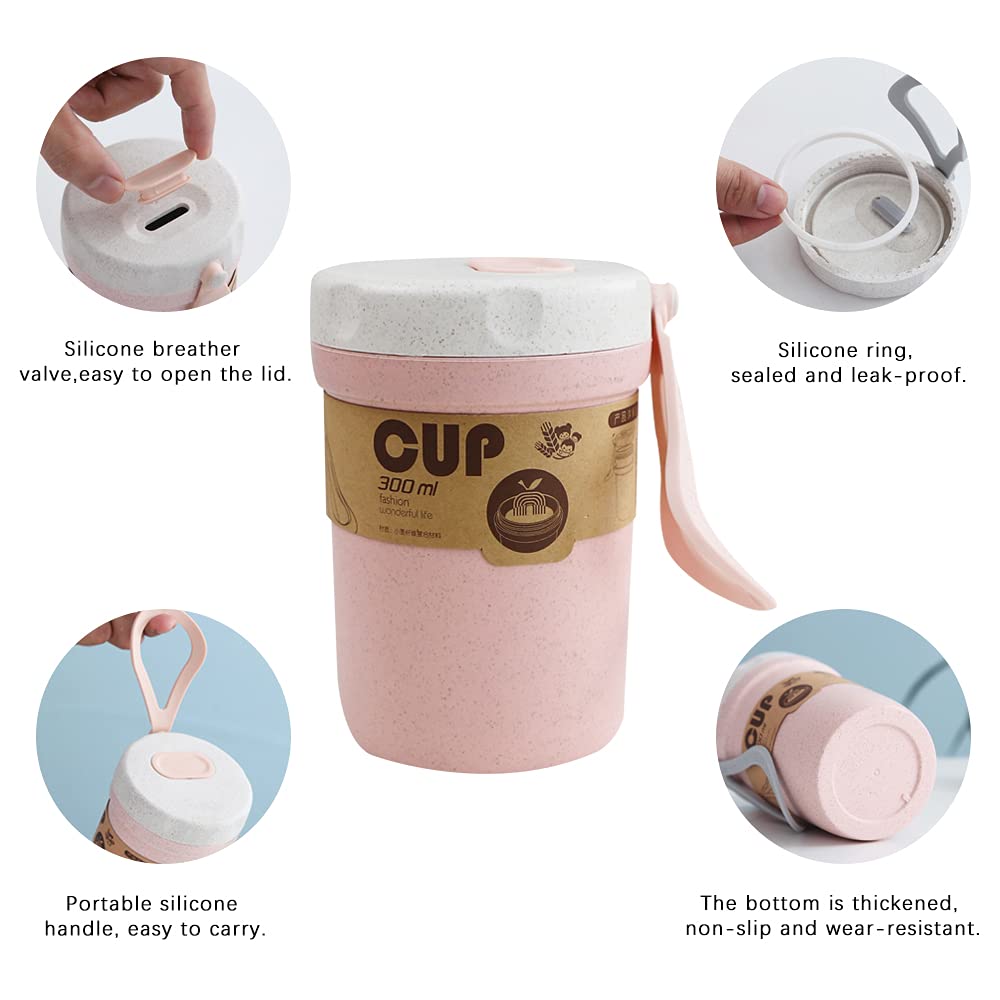 Lzymsz 2Pcs Wheat Straw Soup Cup, 300Ml Portable Microwaveable Breakfast Cup, 2 Colors Porridge Lunch Box With Spoon For School