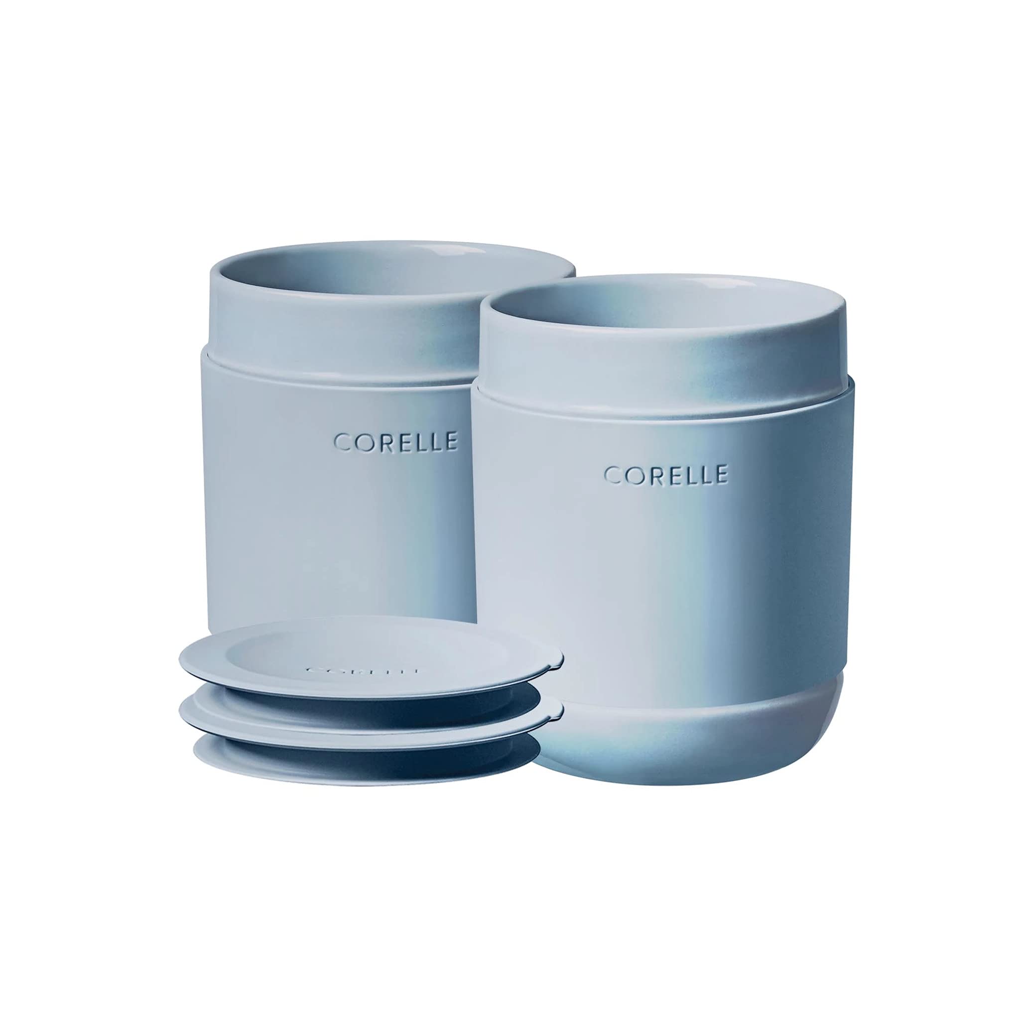 Corelle Stoneware 4Pc Tumbler Set of 2 with Lids, Handcrafted Artisanal Travel Mug, Solid Glaze Stoneware, 131/2Oz Travel Cof