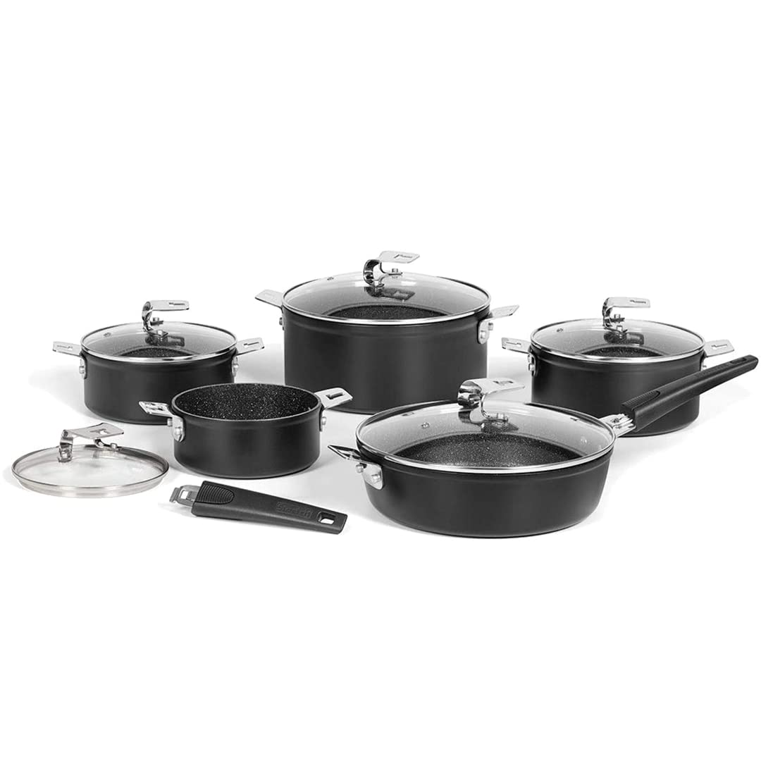 Starfrit ROCK 12-Piece Space-Saving Set with T-Lock Detachable Handles, Normal, Black