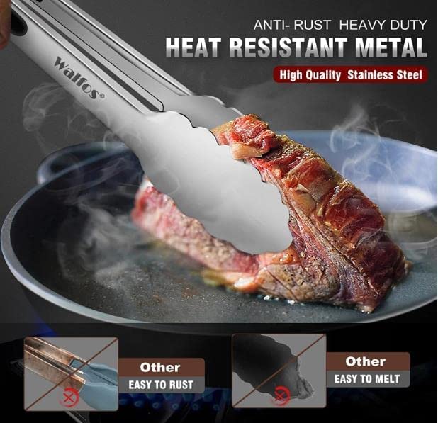 Walfos Stainless Steel Kitchen Tongs For Cooking, Bbq - 7 ,9, 12 And 14 Inch,Set Of 4 Heavy Duty Locking Metal Food Tongs Non-Sl