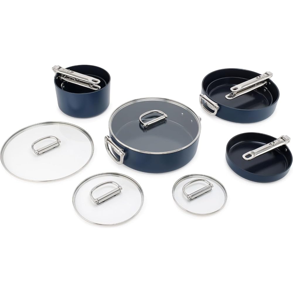 Space Folding Handle Ceramic NonStick 10Piece Blue Cookware Set