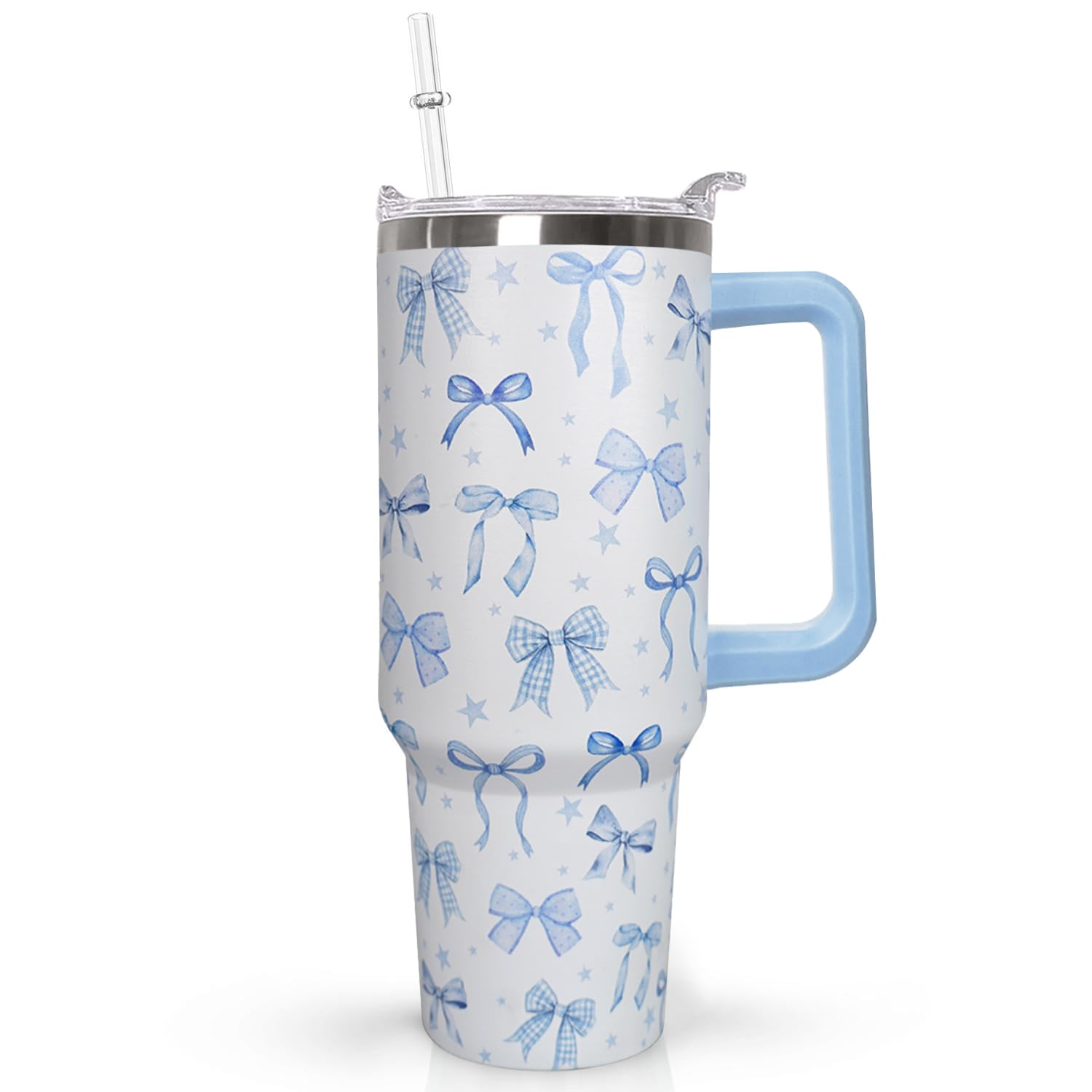 Ceovfoi 40 Oz Blue Bow Tumbler With Handle, Blue Bow Decor Coffee Travel Mug Cup Water Bottle, Gifts for Women Girls