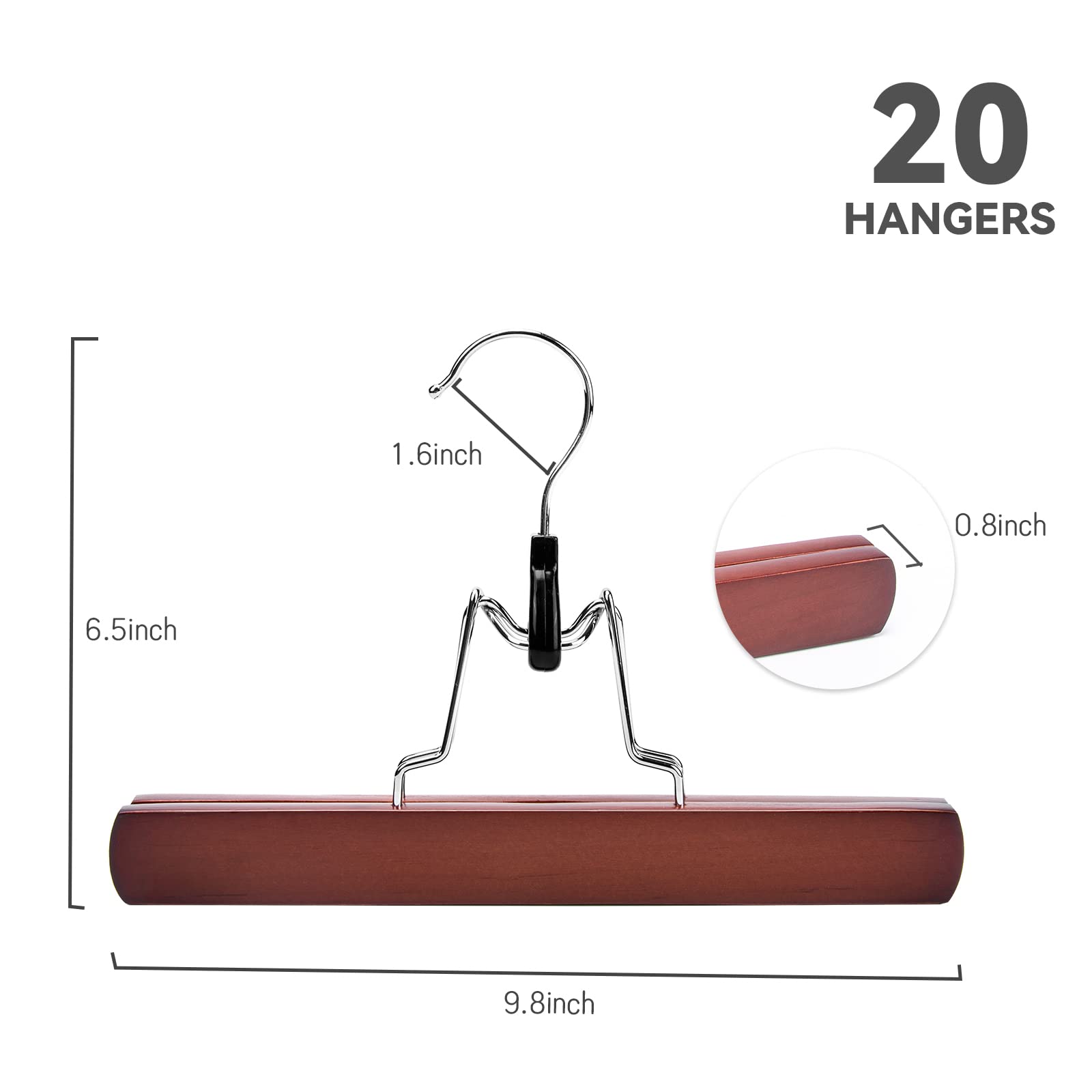 Nature Smile Wooden Non Slip Pants Skirt Hangers, Smooth Finish Solid Wood Jeans Slack Clamp Hangers Hair Extension Hangers (20