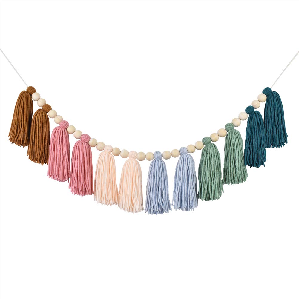 DrCor Boho Rainbow Tassel Garland - Handmade Cotton Yarn Wall Hanging in Earthy Tones for Nursery, Baby Shower & Kids Room Decor